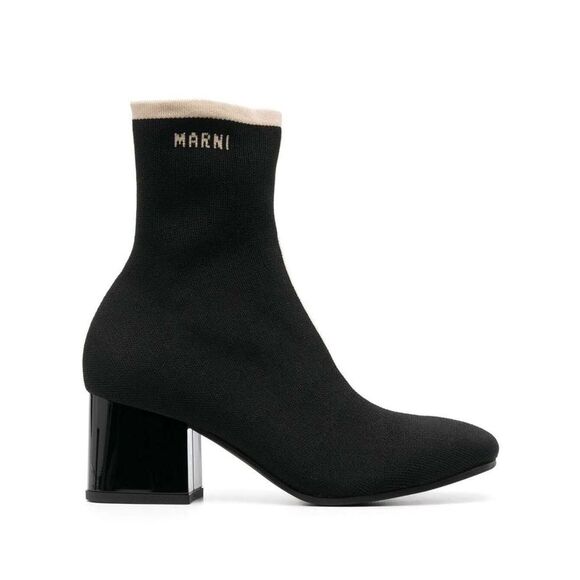 Marni Black Ankle Boot In Leather With Medium And Wide Heel Ecru-Colored Details